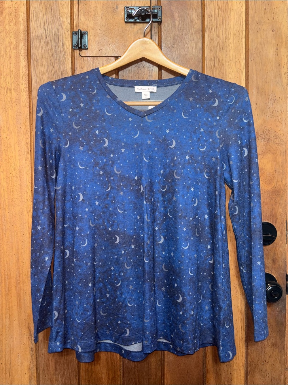 Coldwater Creek Women's Navy Moon & Star V‑Neck Long Sleeve Top